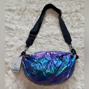 NWT GANNI Small Rainbow Iridescent Quilted Recycled Tech Duffle Bag